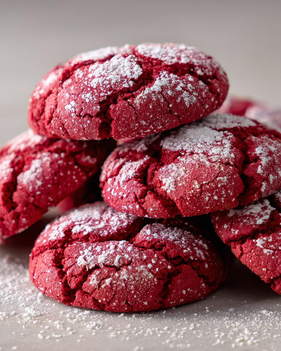 A close-up stack of vibrant Red Velvet Crinkle Cookies dusted with powdered sugar.