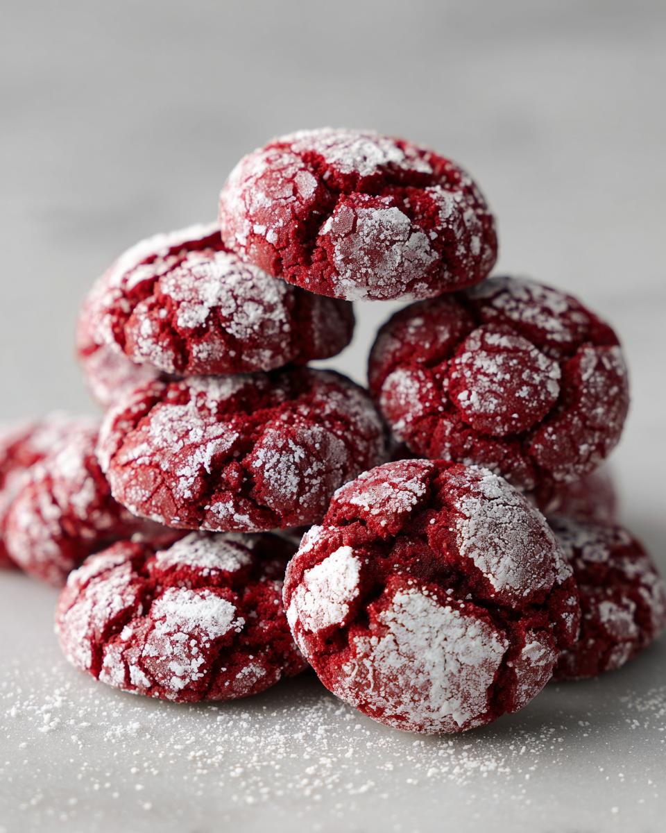 A close-up stack of vibrant red velvet crinkle cookies dusted with powdered sugar.