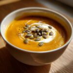 Bowl of creamy Roasted Butternut Squash Soup garnished with cream and pumpkin seeds.