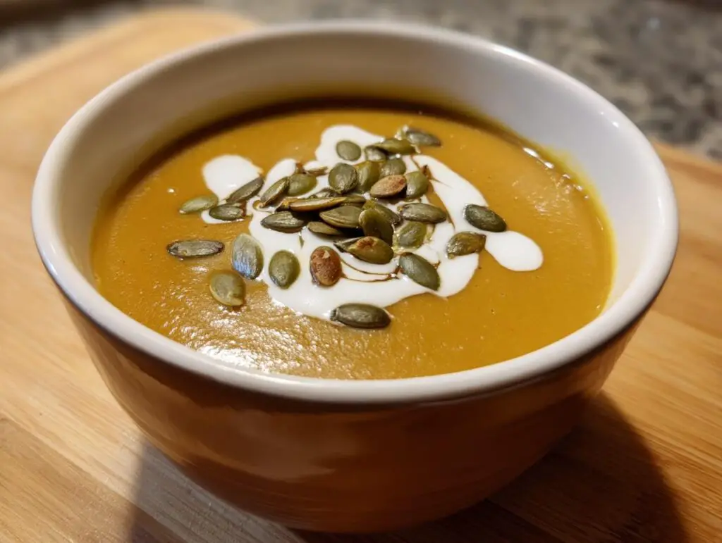 Close-up of a bowl of Roasted Butternut Squash Soup topped with cream and seeds.
