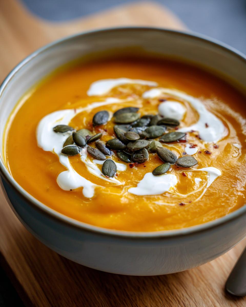 Close-up of a bowl of creamy Roasted Butternut Squash Soup, garnished with cream and pumpkin seeds.