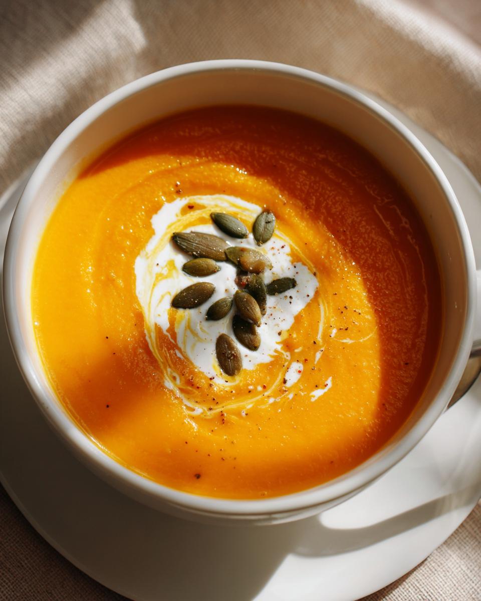 Overhead shot of a bowl of creamy Roasted Butternut Squash Soup, garnished with cream and pumpkin seeds.