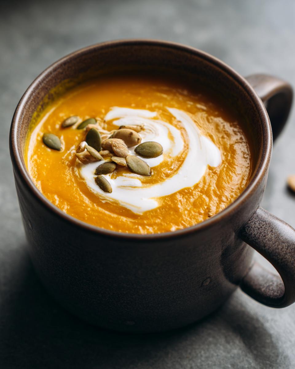 Close-up of a mug filled with creamy Roasted Butternut Squash Soup, garnished with cream and pumpkin seeds.