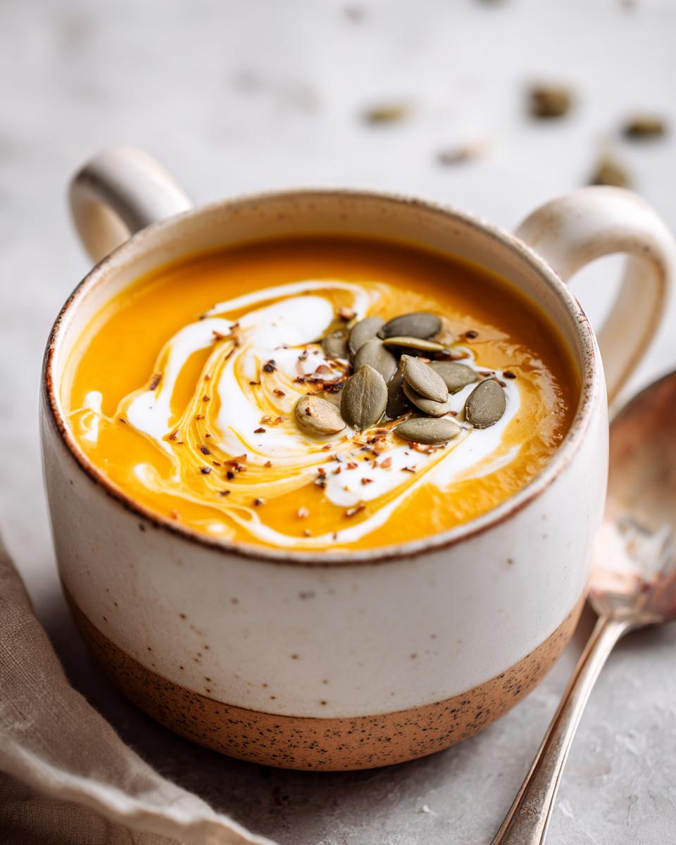 Close-up of a mug filled with creamy Roasted Butternut Squash Soup, topped with cream and seeds.