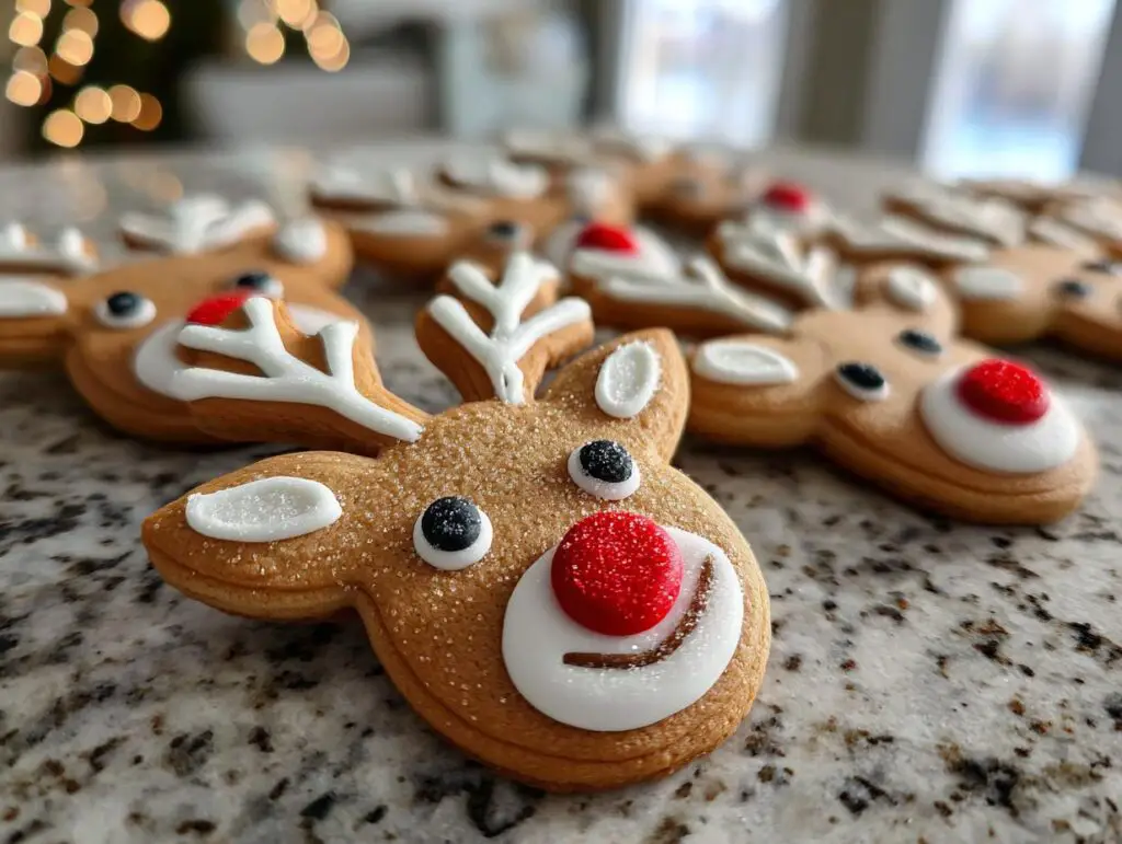 Close-up of decorated Rudolph the Red-Nosed Reindeer sugar cookies with red noses and white antlers.