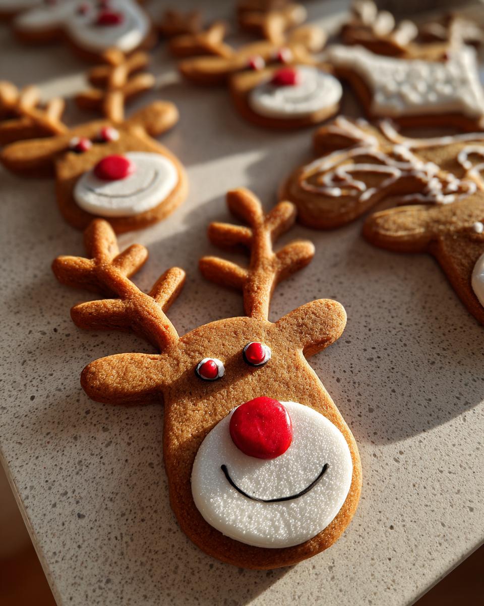 Close-up of decorated Rudolph the Red-Nosed Reindeer sugar cookies with red noses and smiling faces.
