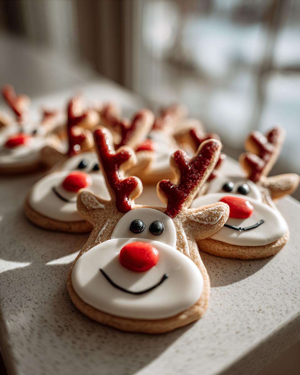 Close-up of several Rudolph the Red-Nosed Reindeer sugar cookies decorated with white icing, red noses, and black eyes.