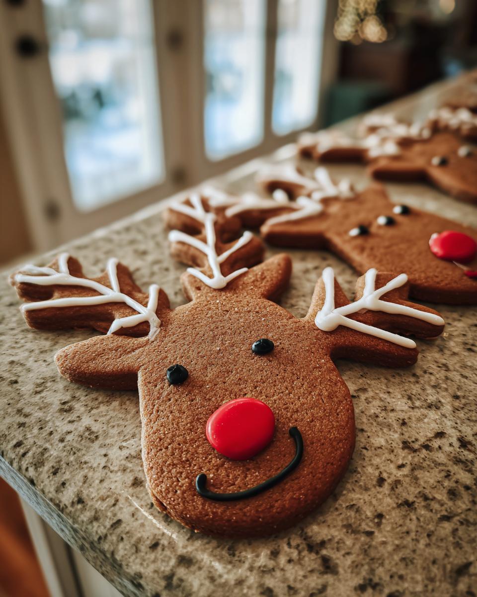 Close-up of decorated Rudolph the Red-Nosed Reindeer sugar cookies with white icing antlers and red candy noses.