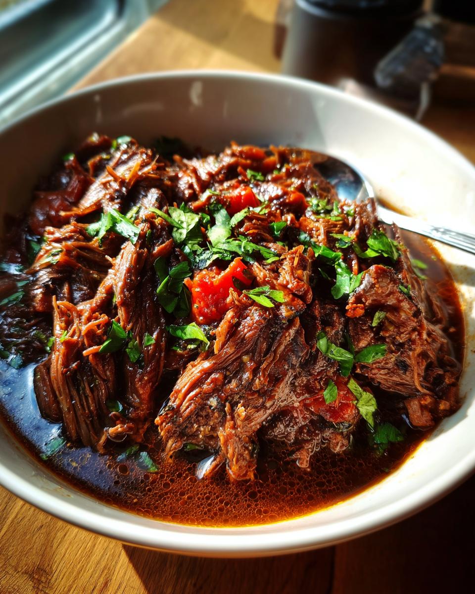 Close-up of a bowl filled with Rustic Red Wine Pot Roast, garnished with fresh herbs.