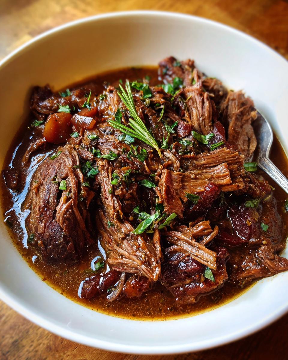 Close-up of a bowl filled with Rustic Red Wine Pot Roast, garnished with herbs.