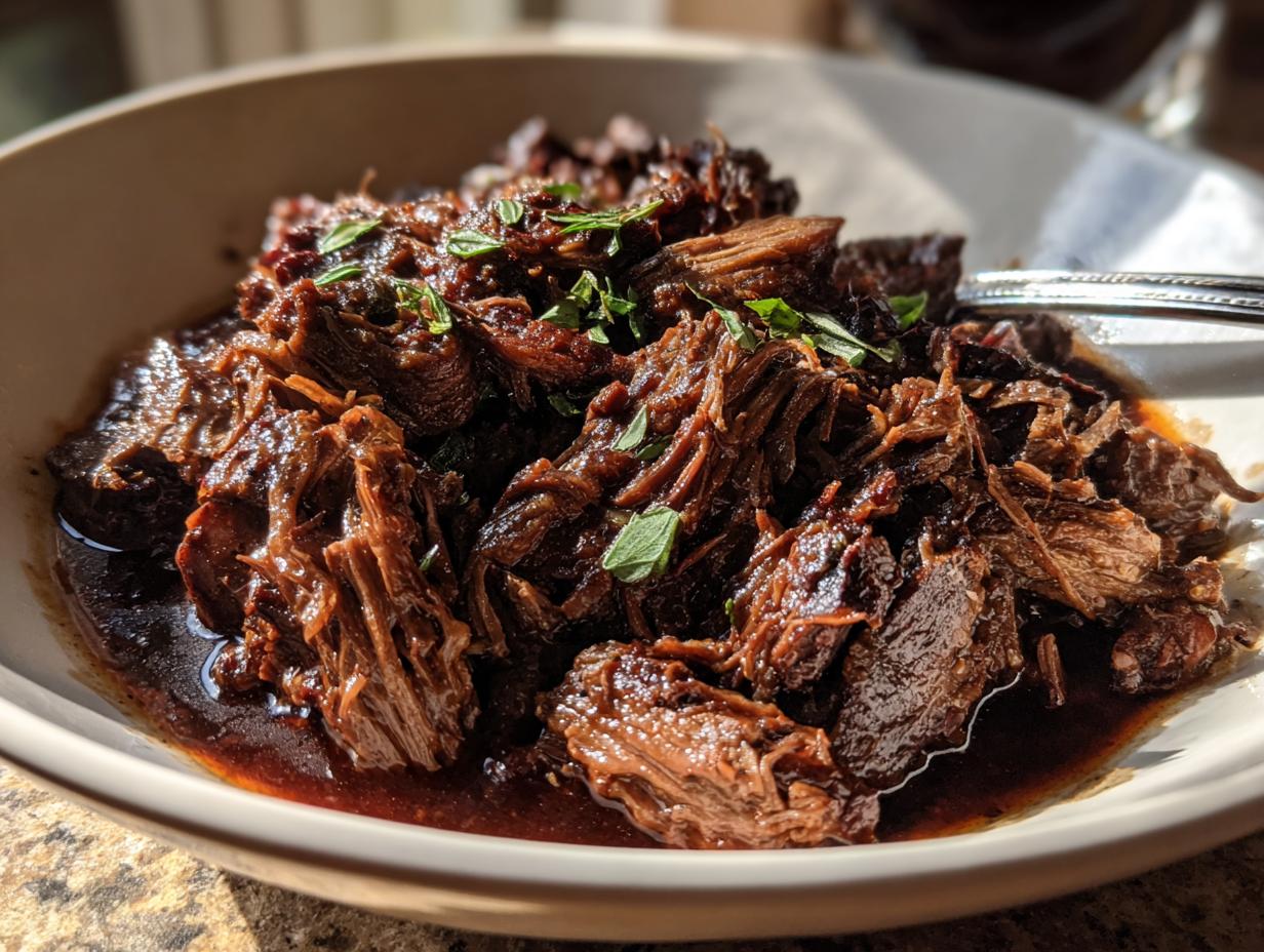 Close-up of a bowl of Rustic Red Wine Pot Roast, tender meat in a rich sauce.