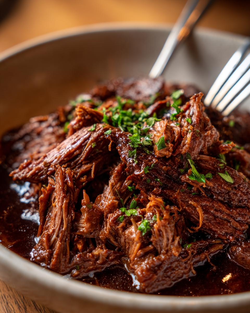 Close-up of a tender Rustic Red Wine Pot Roast in a bowl, garnished with fresh herbs.
