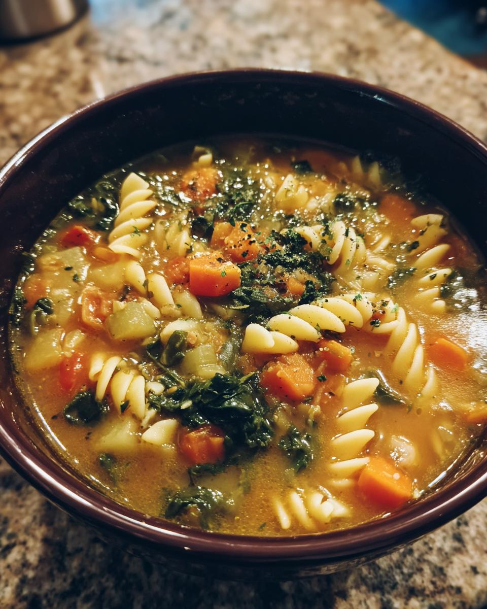 Close-up of a bowl of Rustic Vegetable Minestrone with pasta and vegetables.