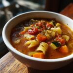 Close-up of a bowl of Rustic Vegetable Minestrone with pasta and vegetables.