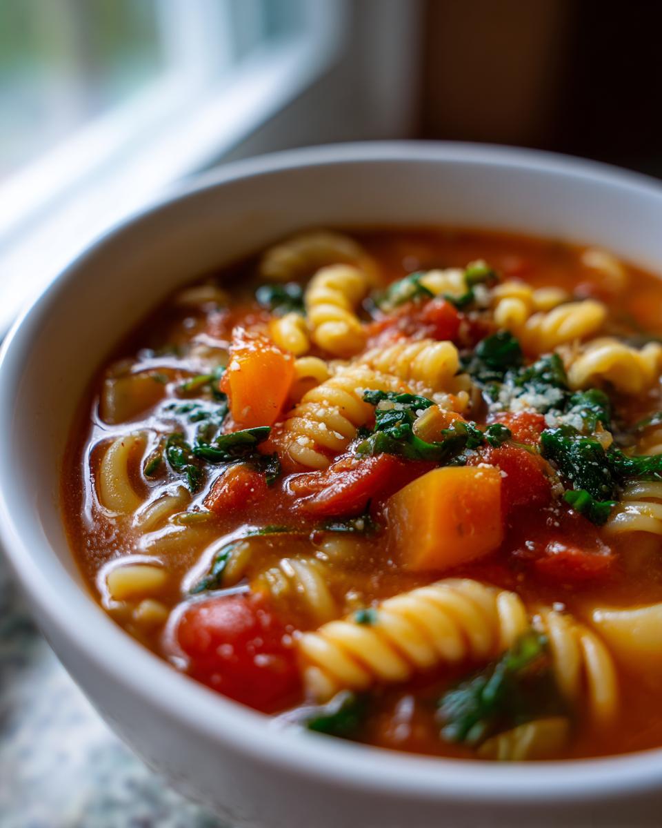 Close-up of a bowl of Rustic Vegetable Minestrone soup with pasta, vegetables, and herbs.