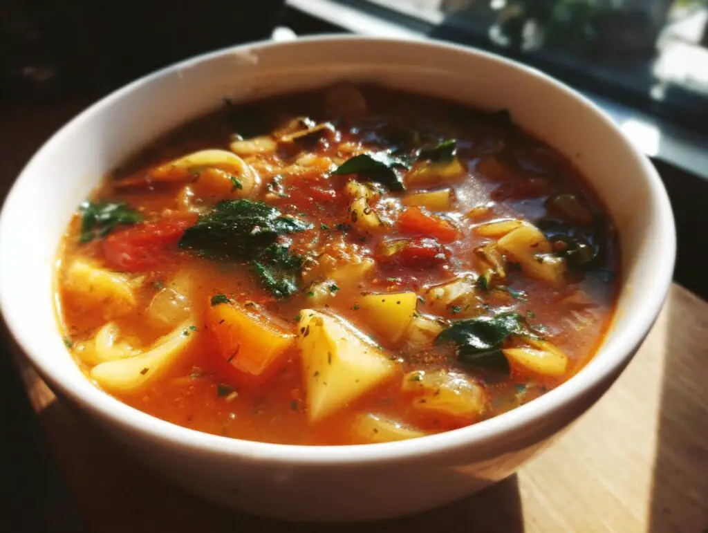 Close-up of a bowl of Rustic Vegetable Minestrone soup with vegetables and pasta.