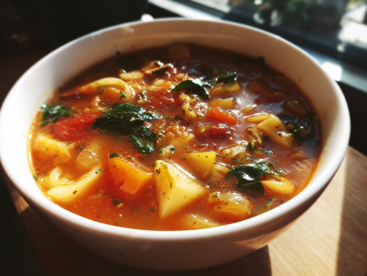 Close-up of a bowl of Rustic Vegetable Minestrone soup with vegetables and pasta.