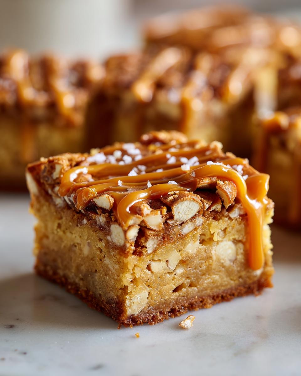 Close-up of a Salted Caramel Pretzel Blondie slice with caramel drizzle and sea salt.