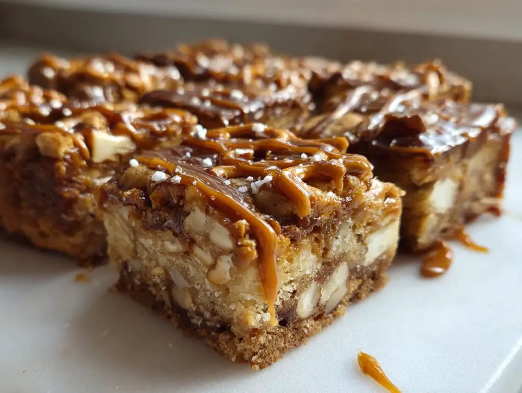 Close-up of Salted Caramel Pretzel Blondies with caramel drizzle and sea salt.