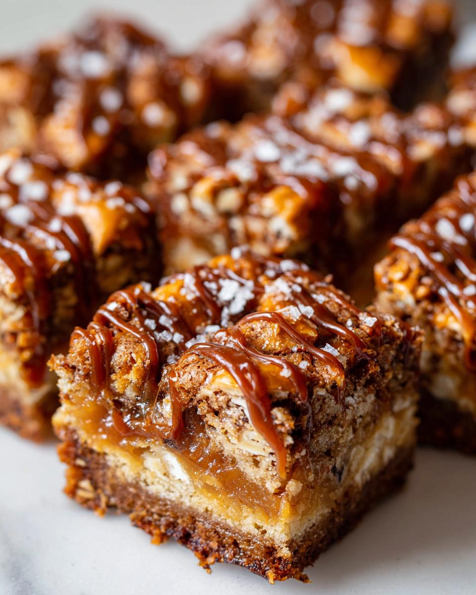 Close-up of a Salted Caramel Pretzel Blondie with caramel drizzle and sea salt.