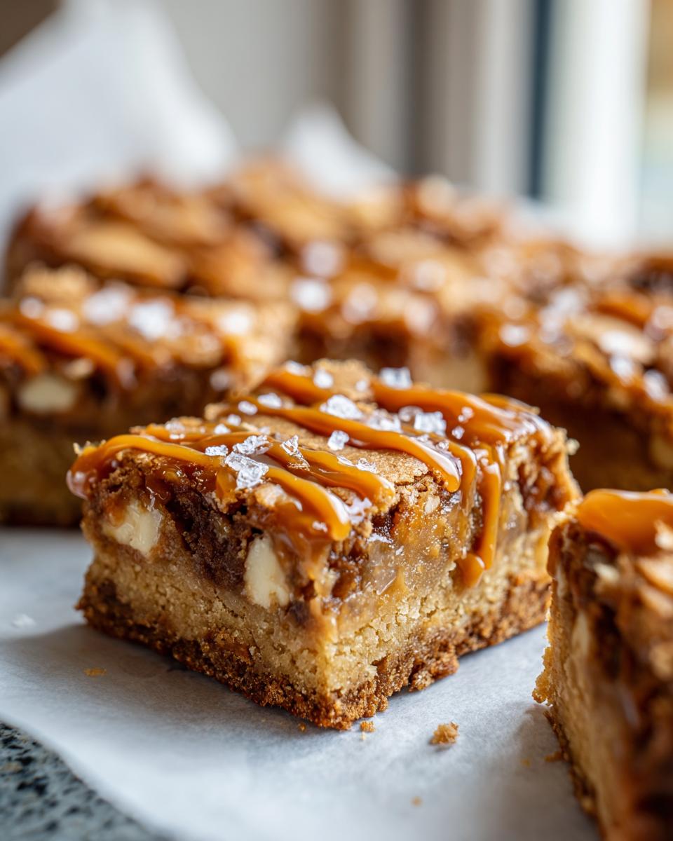 Close-up of a Salted Caramel Pretzel Blondie with caramel drizzle and sea salt.