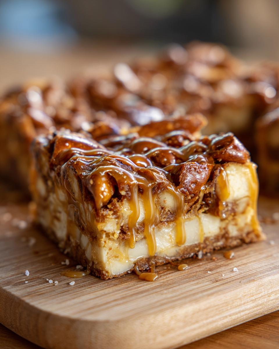 Close-up of a Salted Caramel Pretzel Blondie slice with caramel drizzle and sea salt.