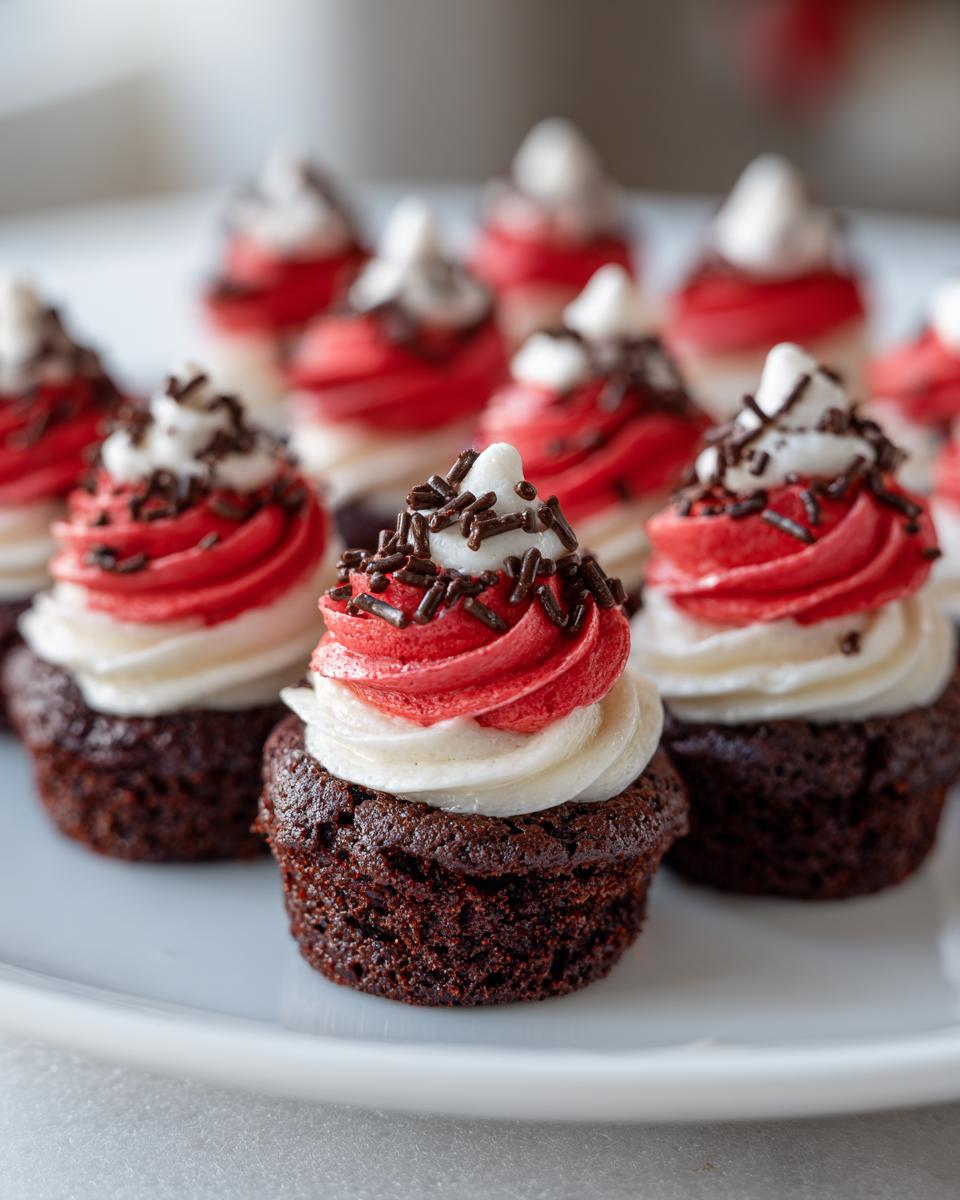 Close-up of Santa Hat Brownie Bites, chocolate brownie base with red and white frosting, and sprinkles.