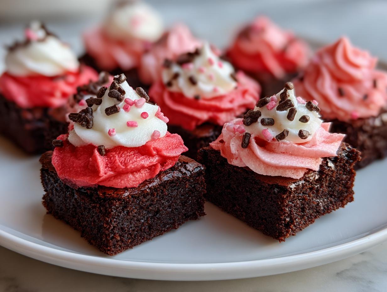 Close-up of Santa Hat Brownie Bites, decorated with red and white frosting and sprinkles.