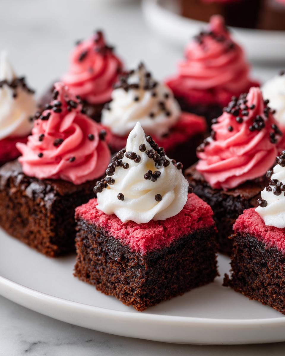 Close-up of Santa Hat Brownie Bites, chocolate brownies with red and white frosting, and sprinkles.