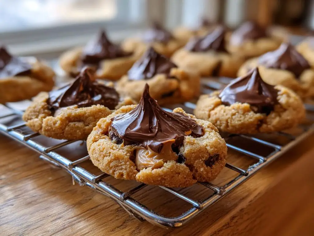 Close-up of Santa's Favorite Peanut Butter Blossoms cooling on a wire rack, with chocolate kisses.