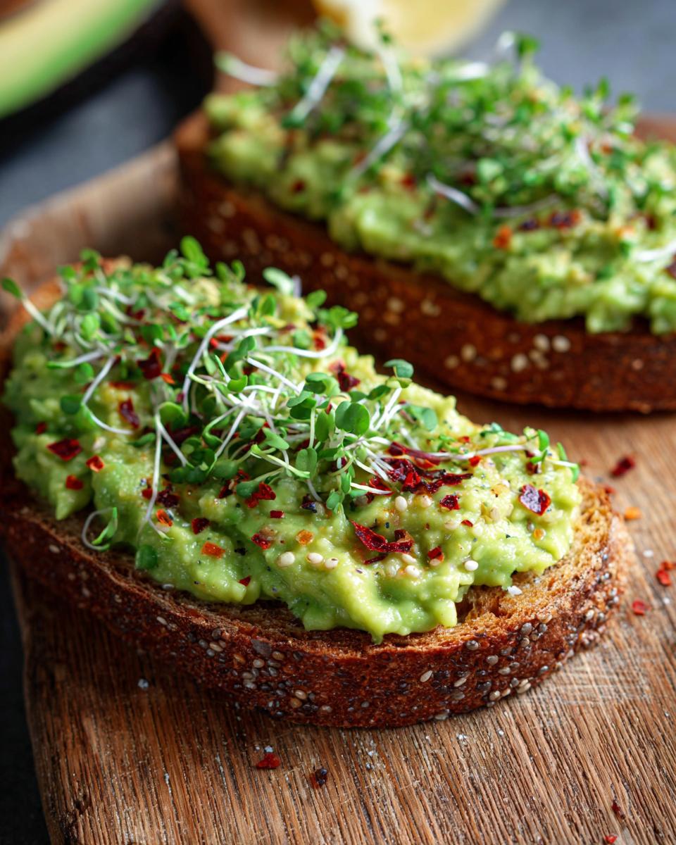 Close-up of Savory Chia Pudding Avocado Toast topped with sprouts and chili flakes on rustic bread.