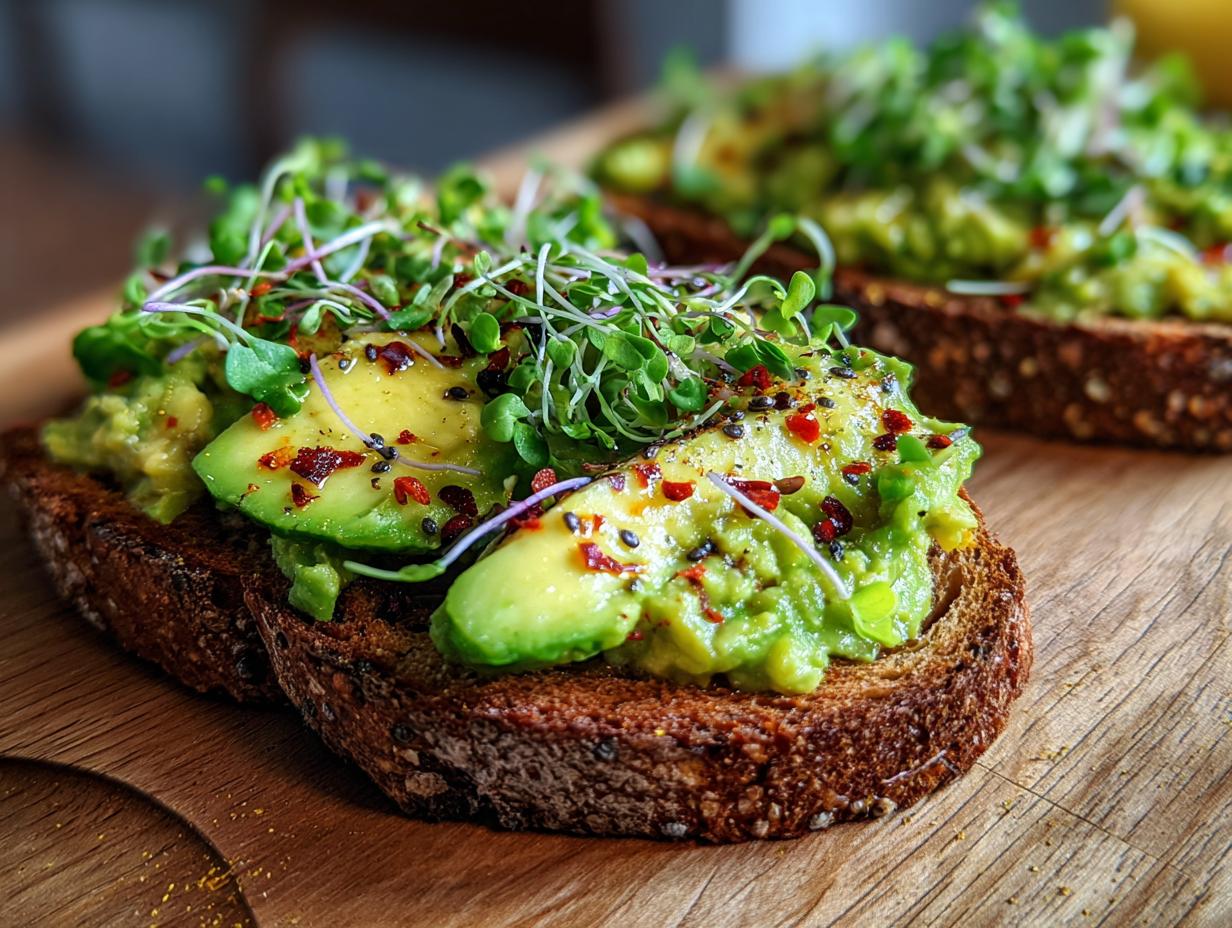 Close-up of Savory Chia Pudding Avocado Toast on dark bread, topped with sliced avocado, microgreens, and chili flakes.