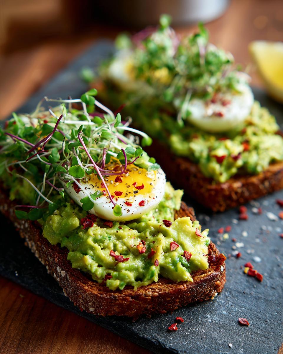 Two slices of Savory Chia Pudding Avocado Toast topped with mashed avocado, a soft-boiled egg, and microgreens, sprinkled with chili flakes.