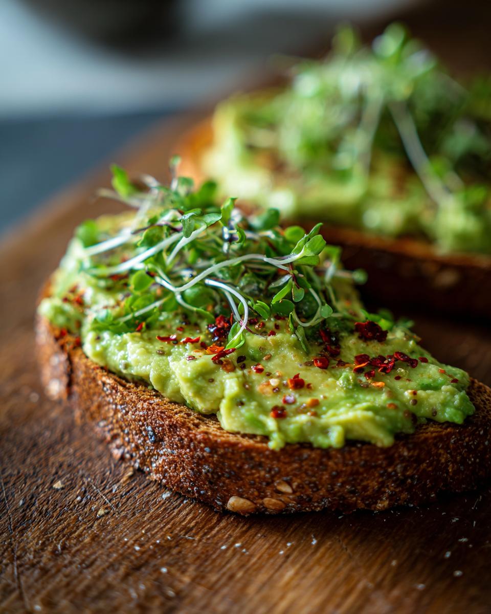 Close-up of a slice of Savory Chia Pudding Avocado Toast topped with microgreens and red pepper flakes.