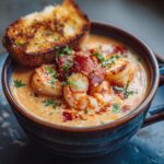 Close-up of a bowl of creamy Seafood Chowder with Shrimp, garnished with bacon and herbs, served with toasted bread.