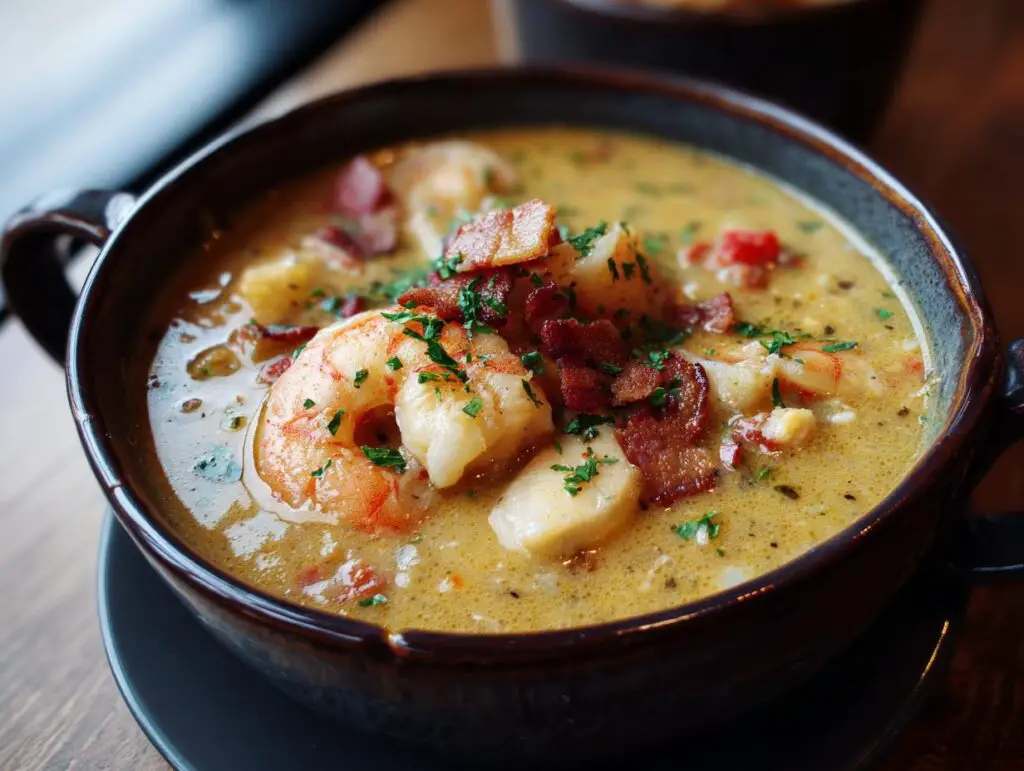 Close-up of a bowl of creamy Seafood Chowder with Shrimp, bacon, and herbs.