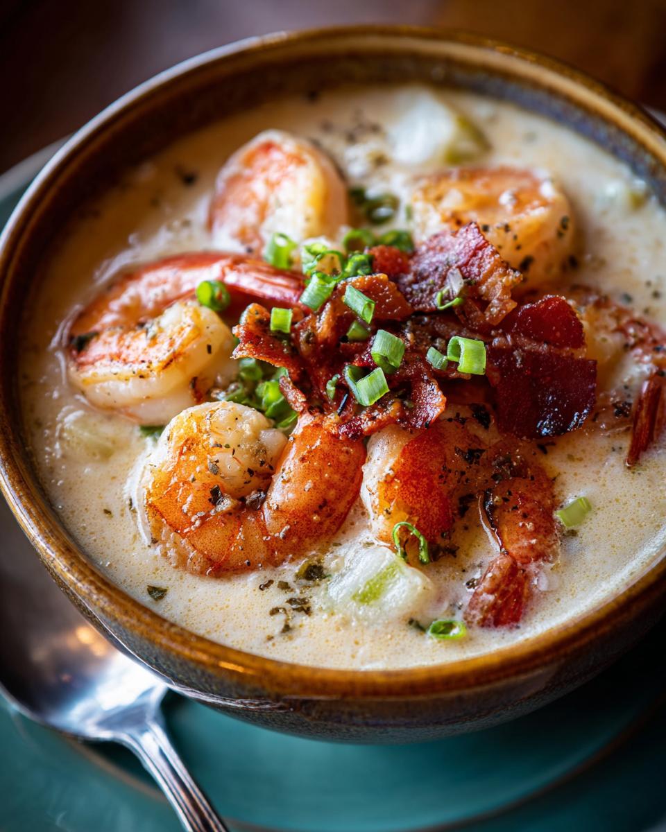 **Seafood Chowder with Shrimp**: 1 Recipe for Cozy Nights! 8 Close-up of a bowl of Seafood Chowder with Shrimp, topped with bacon and chives.