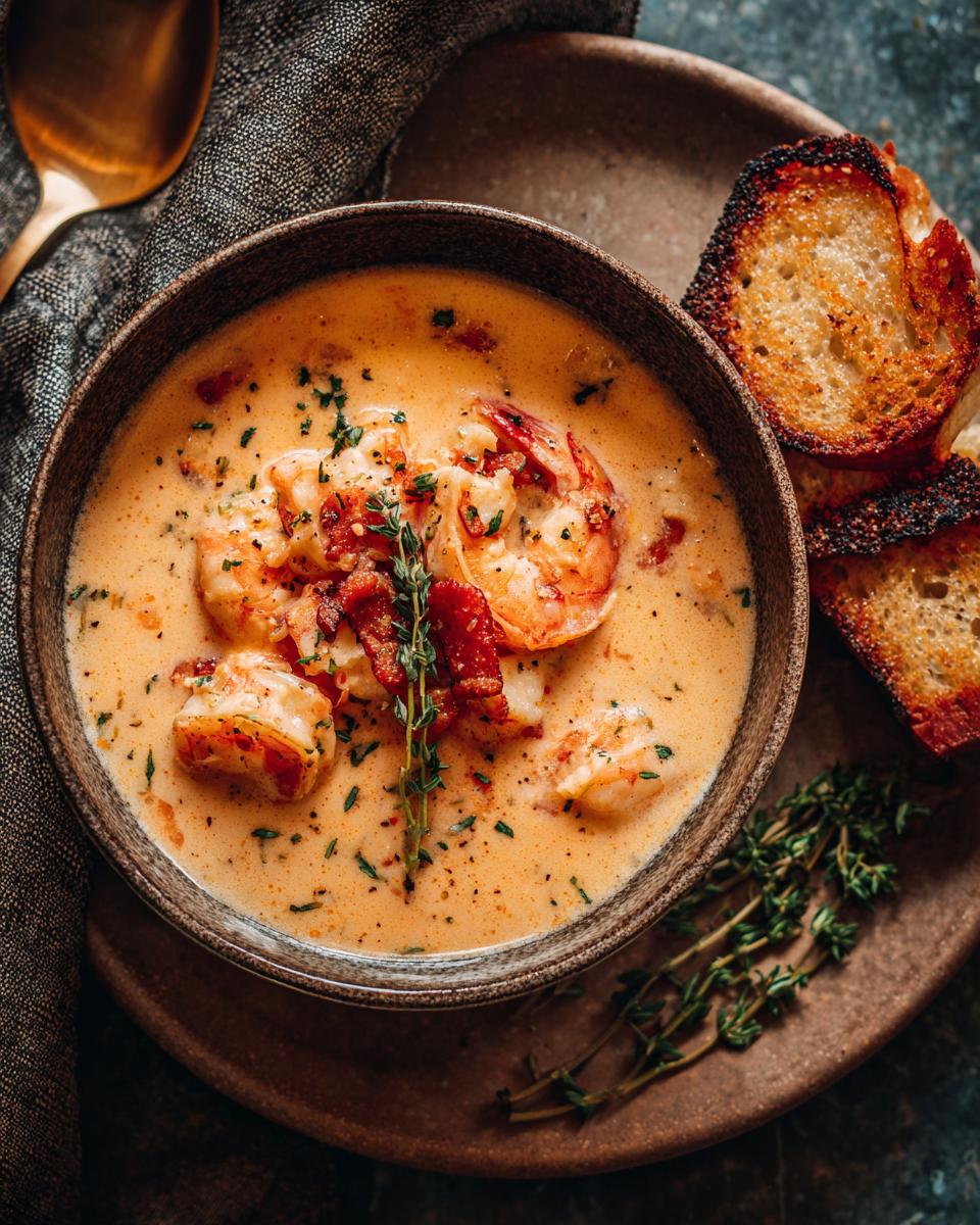**Seafood Chowder with Shrimp**: 1 Recipe for Cozy Nights! 9 Overhead shot of creamy Seafood Chowder with Shrimp in a bowl, with toasted bread.