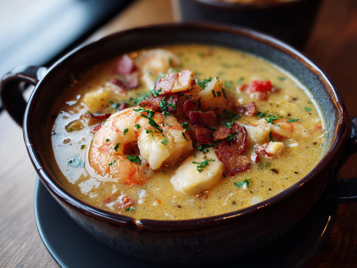 Close-up of a bowl of creamy Seafood Chowder with Shrimp, bacon, and herbs.