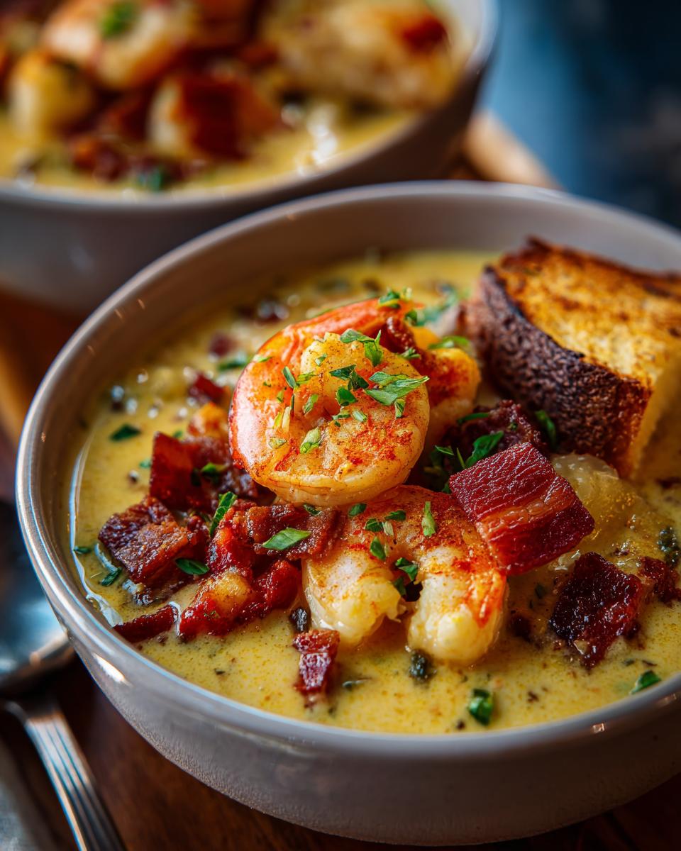 **Seafood Chowder with Shrimp**: 1 Recipe for Cozy Nights! 10 Close-up of a bowl of Seafood Chowder with Shrimp, bacon, and toasted bread.