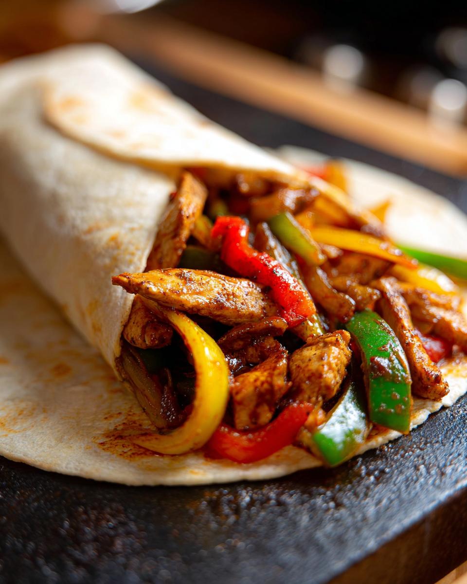 Close-up of a wrapped 20-Minute Sheet Pan Chicken Fajita with chicken, peppers, and onions.