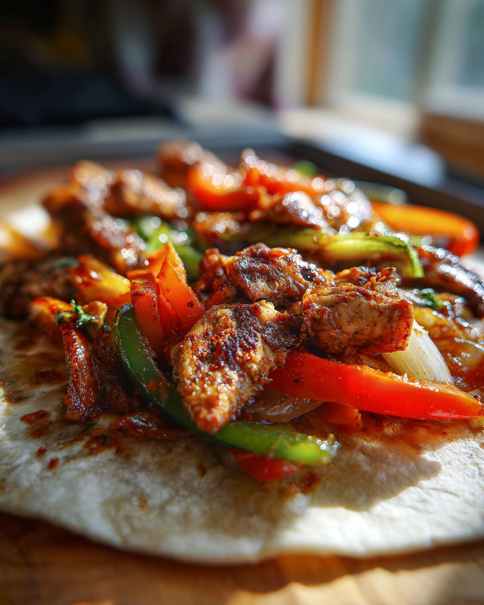 Close-up of 20-Minute Sheet Pan Chicken Fajitas on a tortilla, with chicken, peppers, and onions.