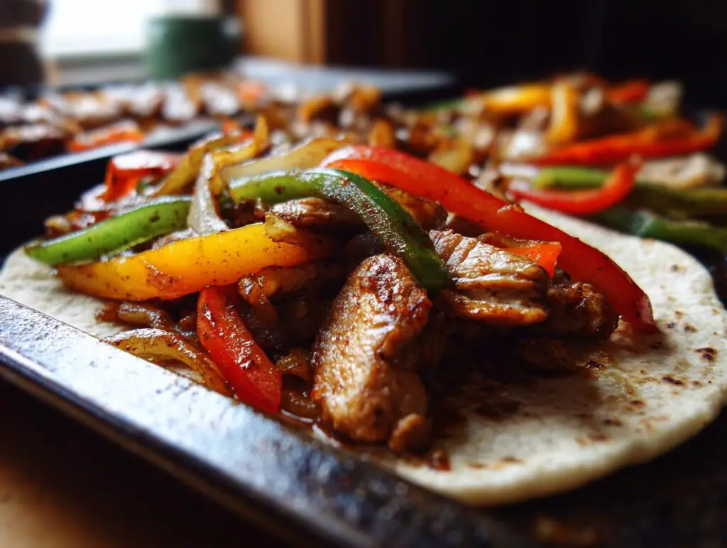 Close-up of a 20-Minute Sheet Pan Chicken Fajita on a tortilla, with colorful bell peppers and chicken.