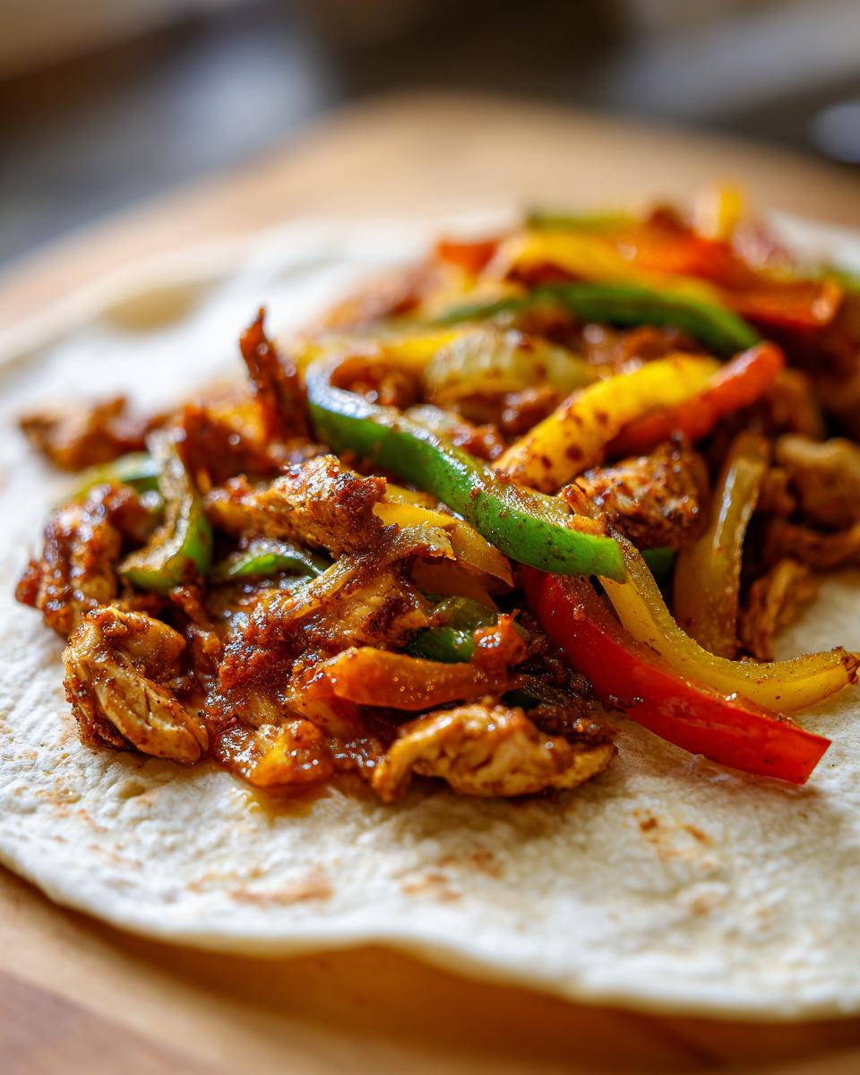 Close-up of 20-Minute Sheet Pan Chicken Fajitas with colorful bell peppers and chicken on a tortilla.