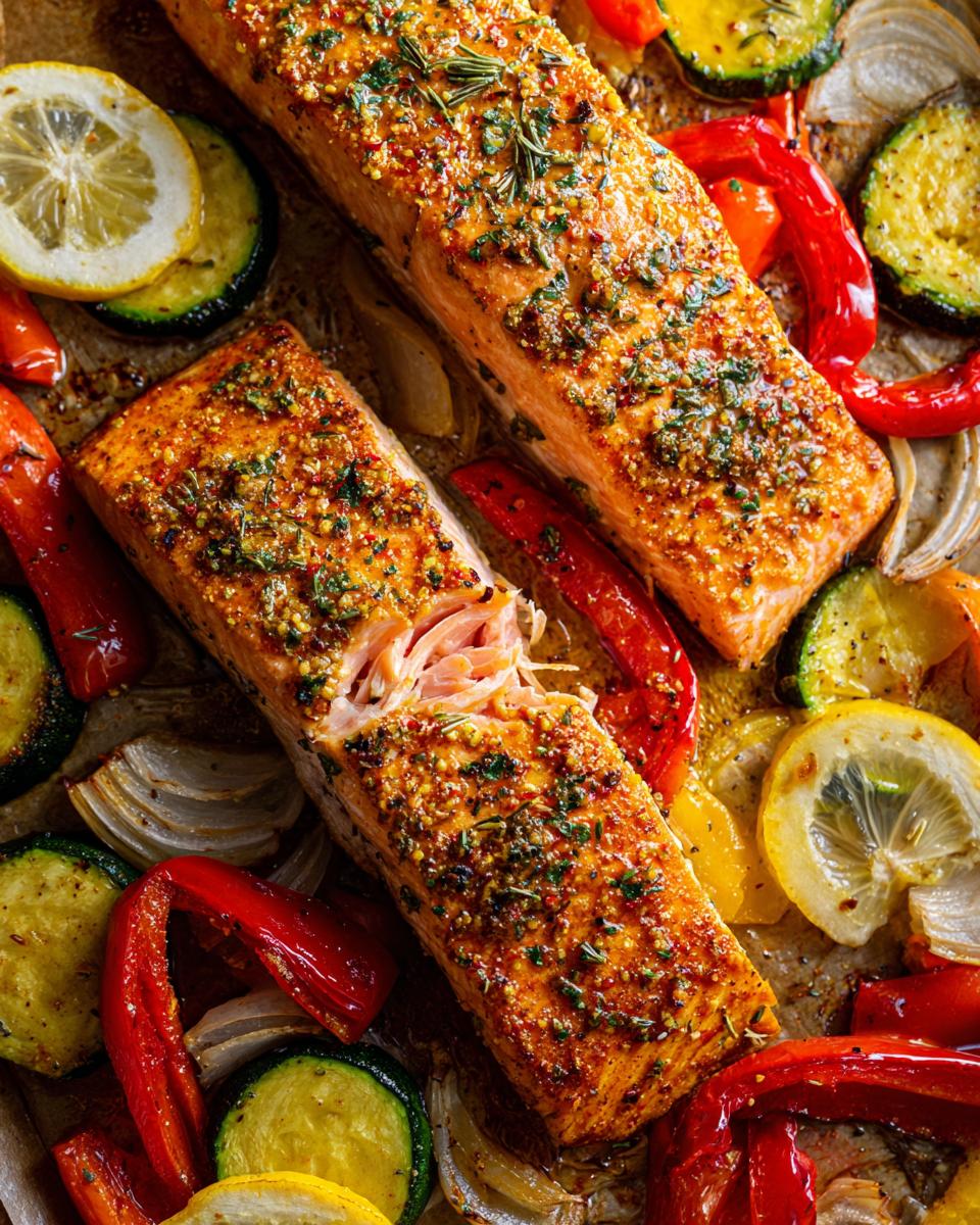 Overhead shot of Sheet Pan Turmeric Salmon and Veggies with salmon fillets and roasted vegetables.