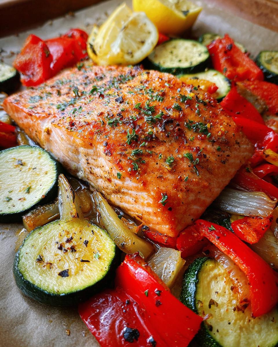 Close-up of Sheet Pan Turmeric Salmon and Veggies with roasted red peppers, zucchini, and lemon.