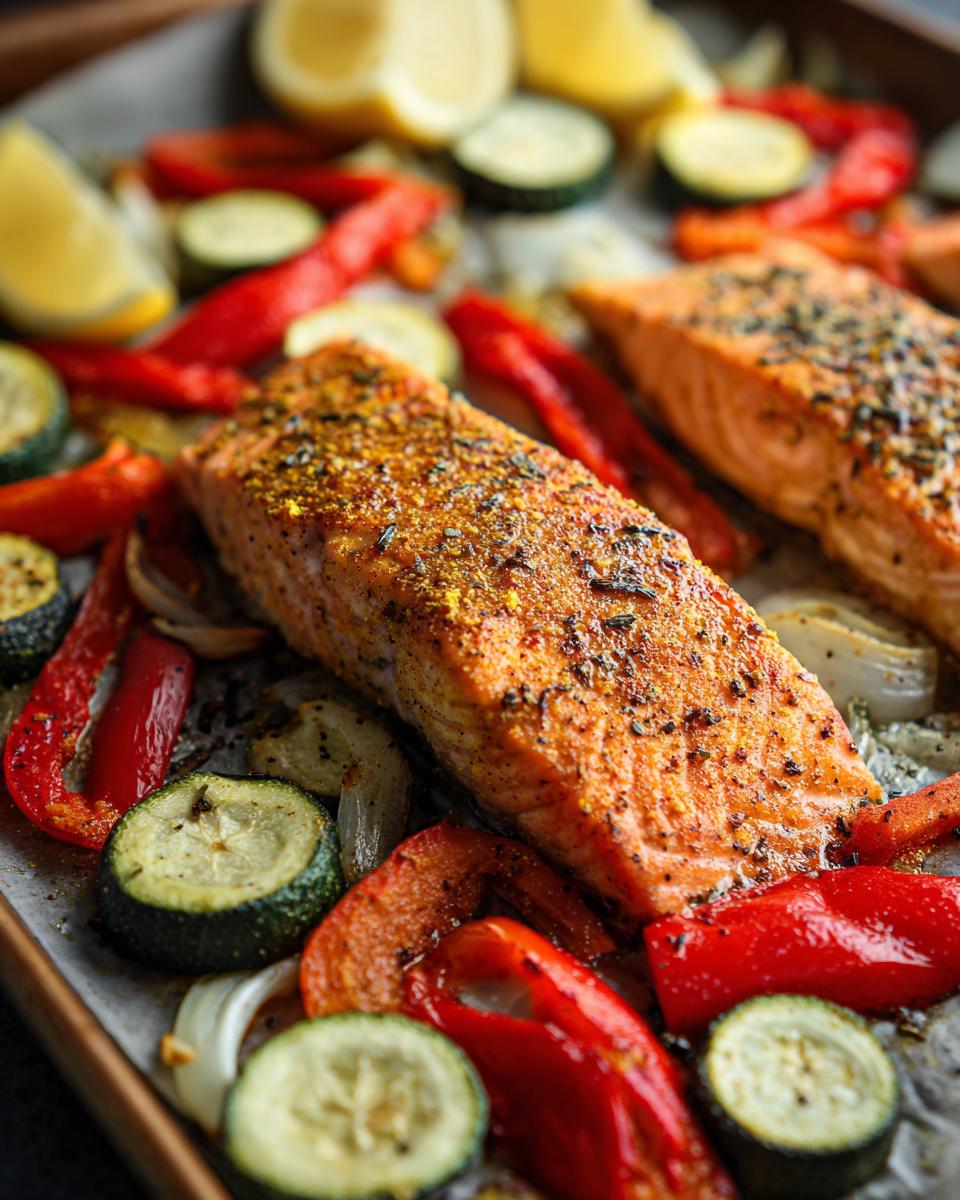 Close-up of sheet pan turmeric salmon with roasted red peppers, zucchini, and lemon.