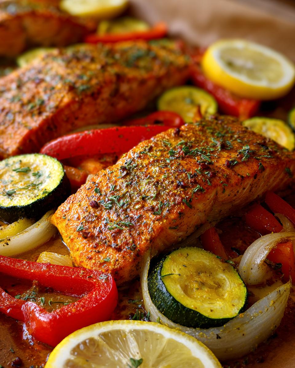 Close-up of baked Sheet Pan Turmeric Salmon and Veggies with salmon, zucchini, peppers, and lemon.