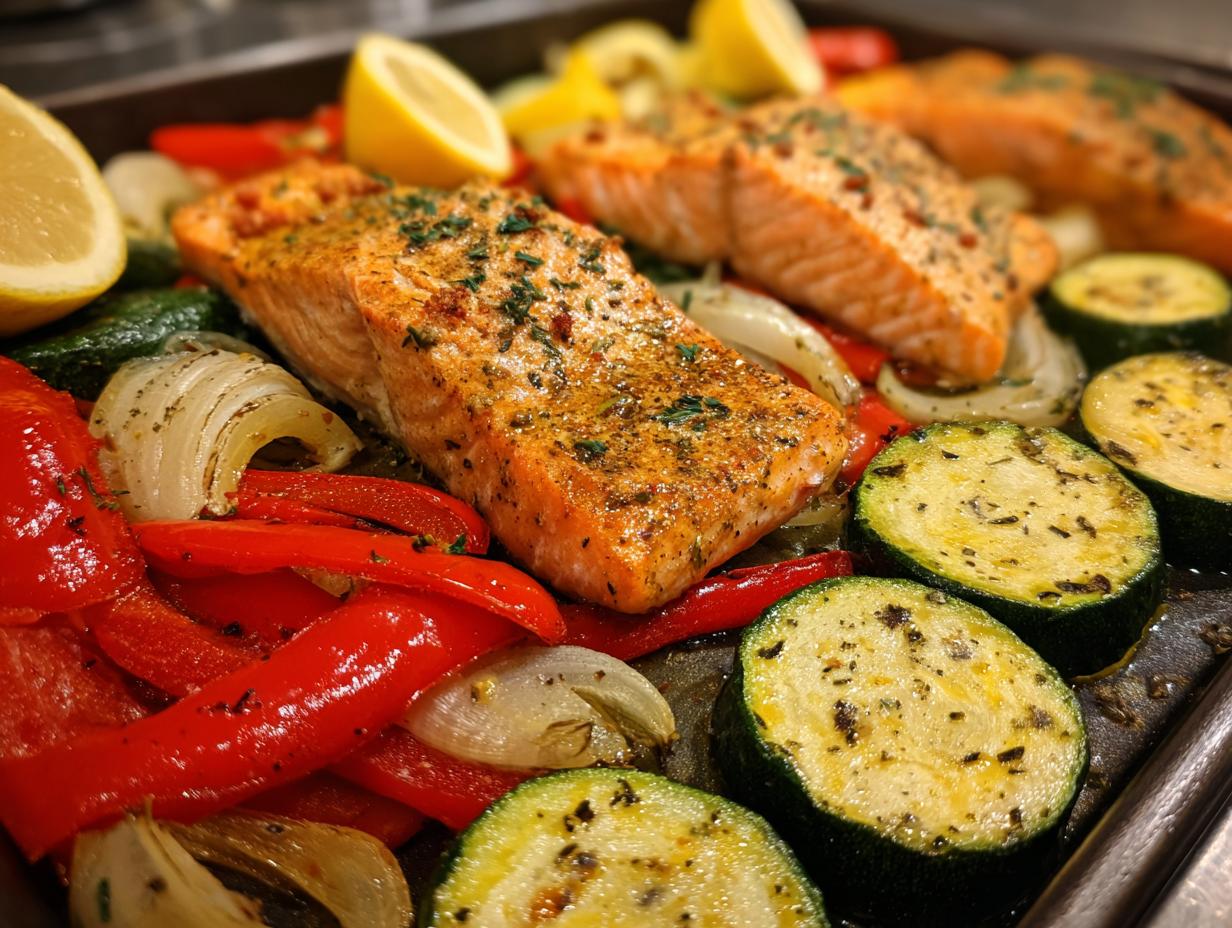 Close-up of a sheet pan with Sheet Pan Turmeric Salmon and roasted vegetables, including zucchini, peppers, and onions.