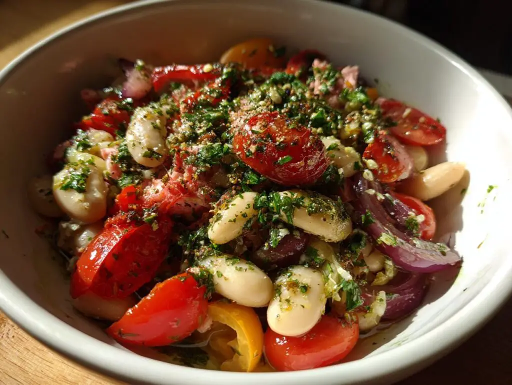 Close-up of a Simple Tuna and White Bean Salad with tomatoes, beans, and herbs.